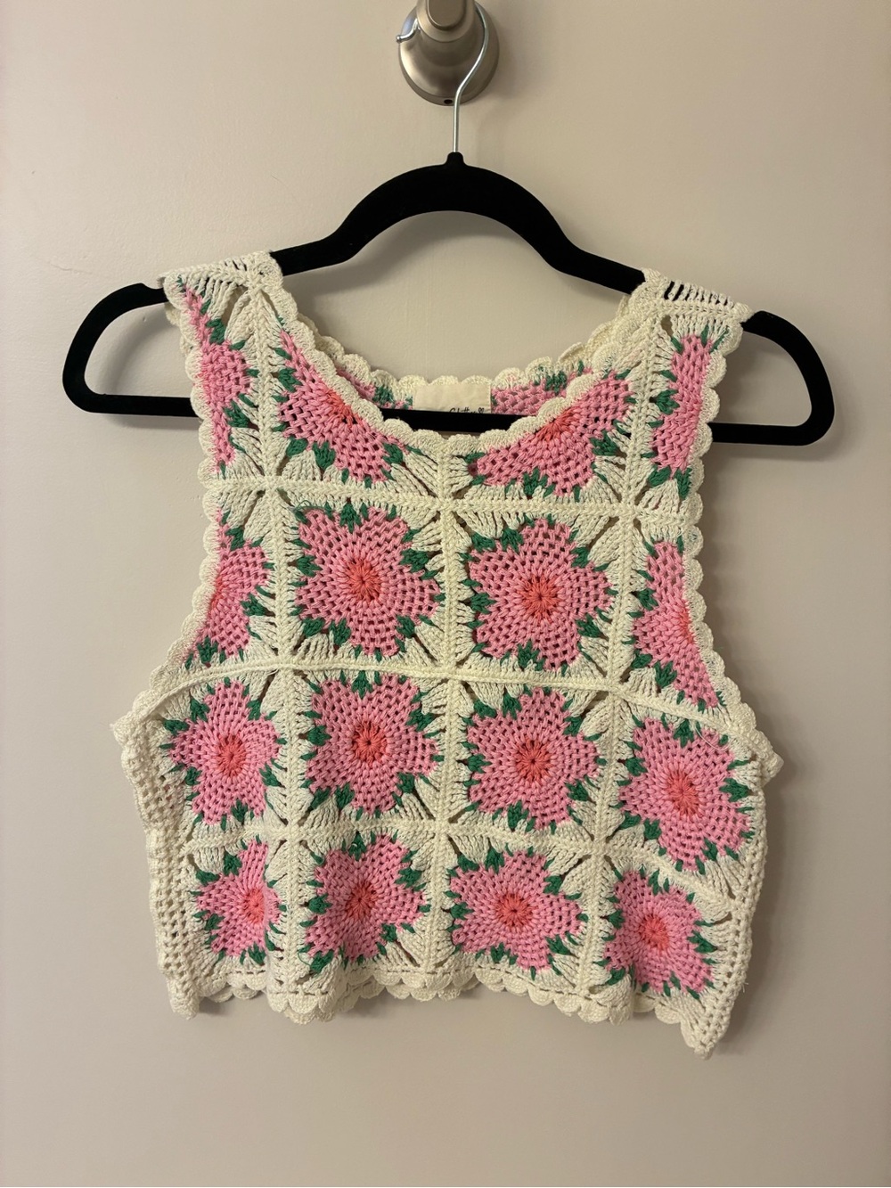 Crochet Floral Crop Tank Top - Pink & Cream